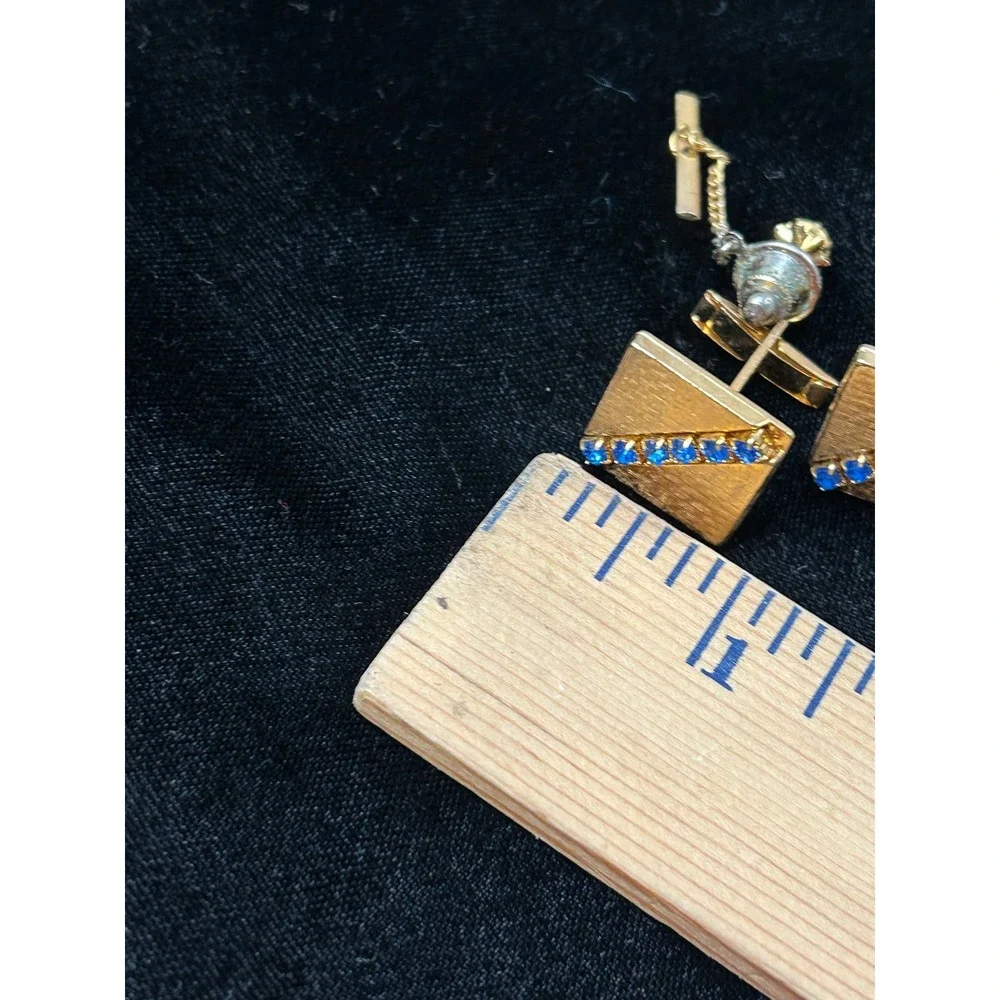 Vintage Gold Tone Textured Square Cufflinks and Tie Tack Set Blue Rhinestones